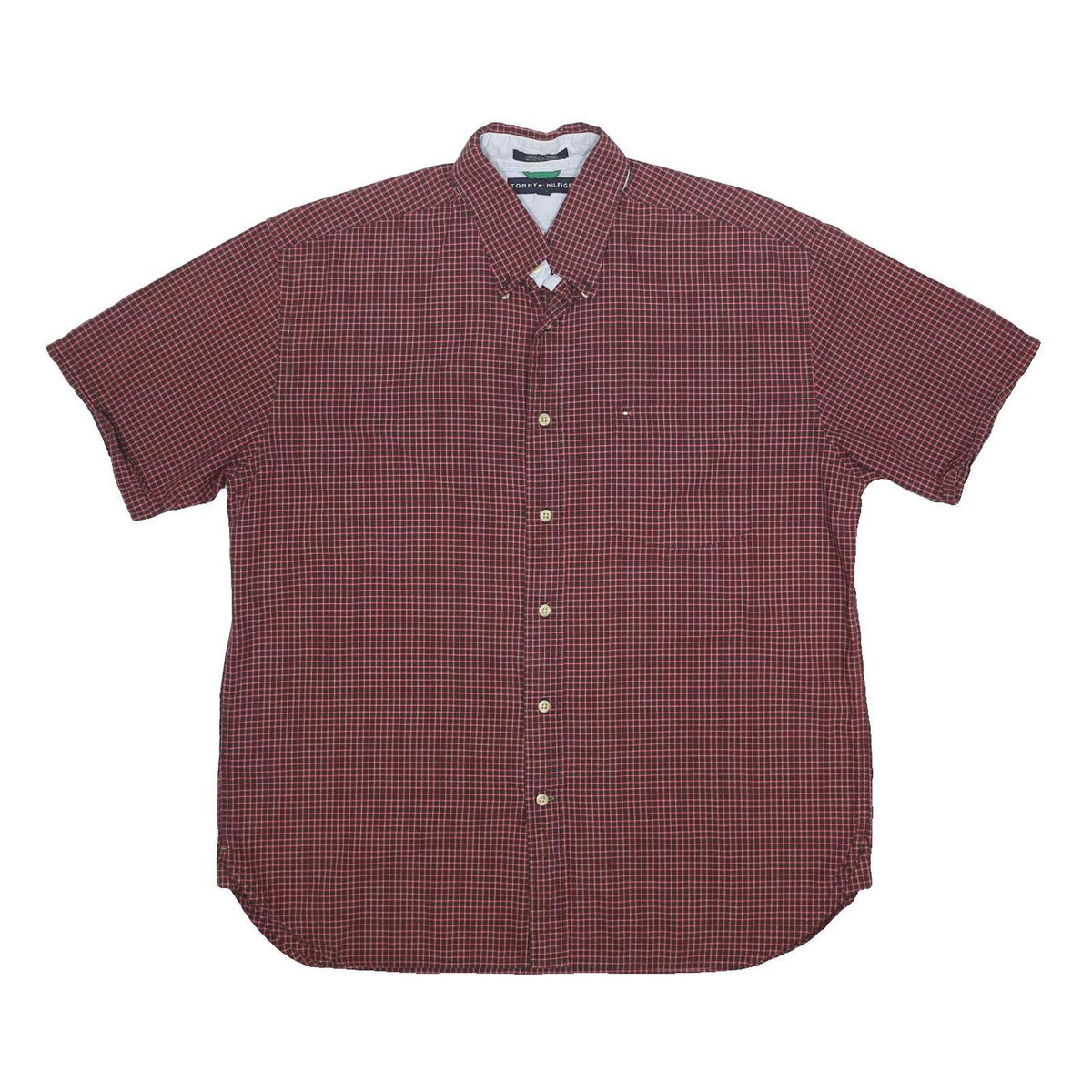 TOMMY HILFIGER Mens Maroon & White Check Shirt L Casual Button-Down Short Sleeve