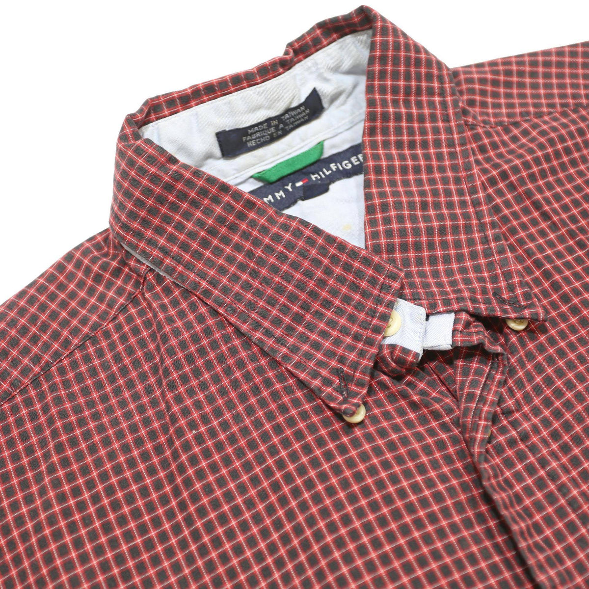 TOMMY HILFIGER Mens Maroon & White Check Shirt L Casual Button-Down Short Sleeve