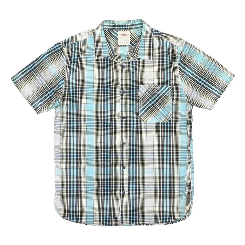LEVI'S Mens Blue & Black Plaid Cotton Blend Shirt L Casual Short Sleeve