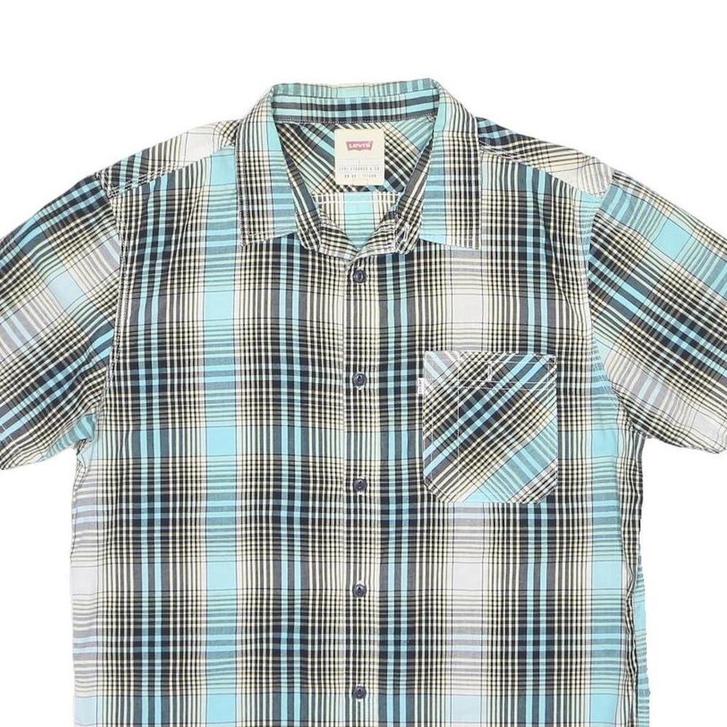 LEVI'S Mens Blue & Black Plaid Cotton Blend Shirt L Casual Short Sleeve