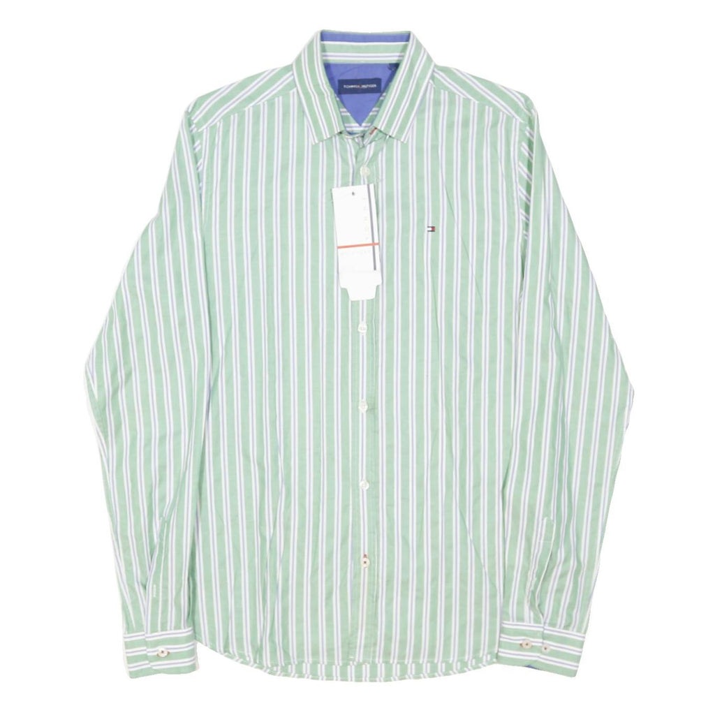 TOMMY HILFIGER Mens Green & White Striped Shirt S Classic Cotton Blend Long