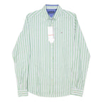 TOMMY HILFIGER Mens Green & White Striped Shirt S Classic Cotton Blend Long