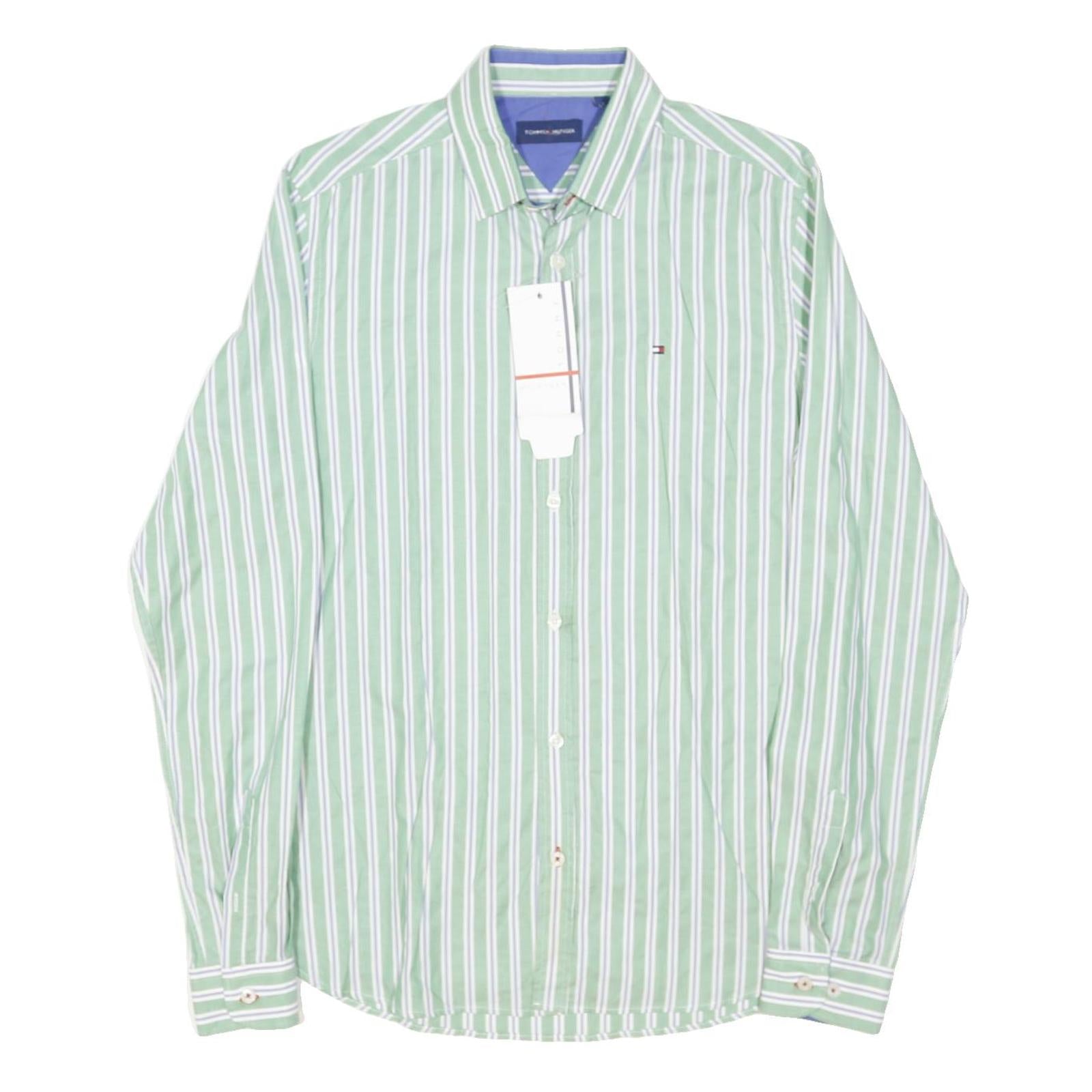 TOMMY HILFIGER Mens Green & White Striped Shirt S Classic Cotton Blend Long