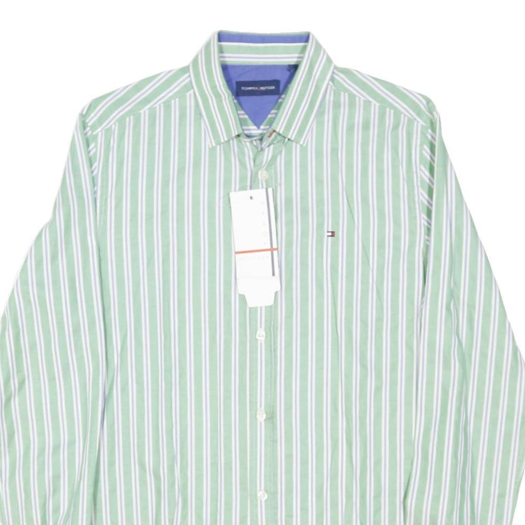 TOMMY HILFIGER Mens Green & White Striped Shirt S Classic Cotton Blend Long