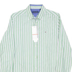 TOMMY HILFIGER Mens Green & White Striped Shirt S Classic Cotton Blend Long