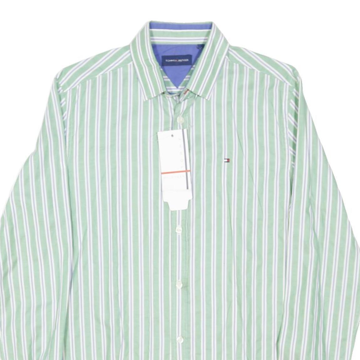TOMMY HILFIGER Mens Green & White Striped Shirt S Classic Cotton Blend Long