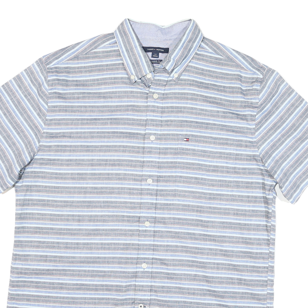 TOMMY HILFIGER Mens Blue & Grey Striped Cotton Blend Shirt L Classic Fit Casual