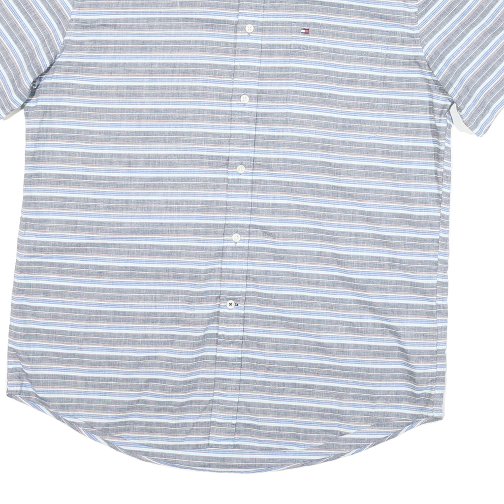 TOMMY HILFIGER Mens Blue & Grey Striped Cotton Blend Shirt L Classic Fit Casual