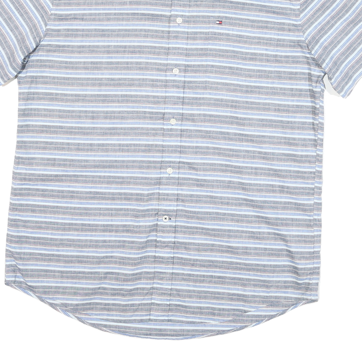 TOMMY HILFIGER Mens Blue & Grey Striped Cotton Blend Shirt L Classic Fit Casual