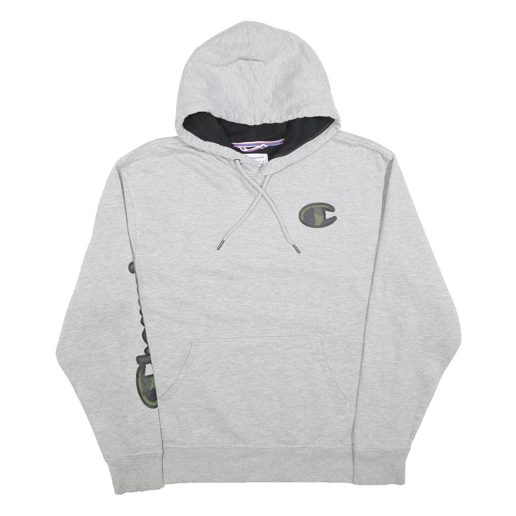CHAMPION Mens Grey Hoodie M Cotton Blend Pullover Graphic Print Drawstring