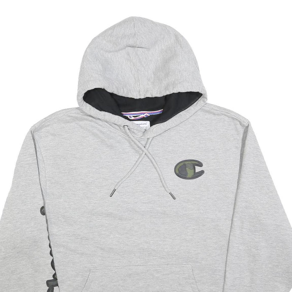 CHAMPION Mens Grey Hoodie M Cotton Blend Pullover Graphic Print Drawstring