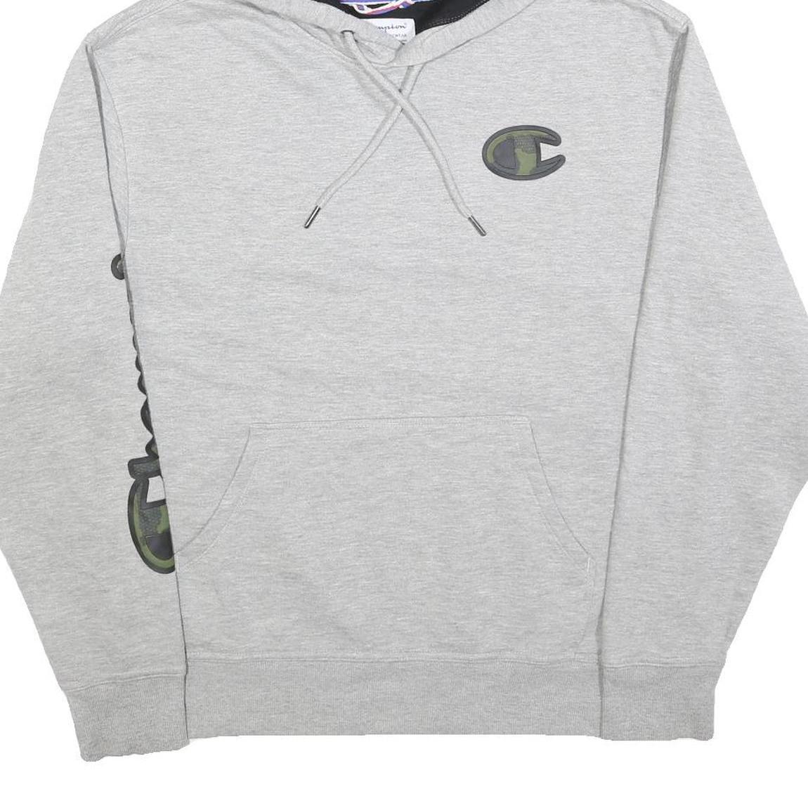 CHAMPION Mens Grey Hoodie M Cotton Blend Pullover Graphic Print Drawstring