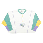 CAMP BEVERLY HILLS Womens White Green & Purple Sweatshirt L Button Neck Retro
