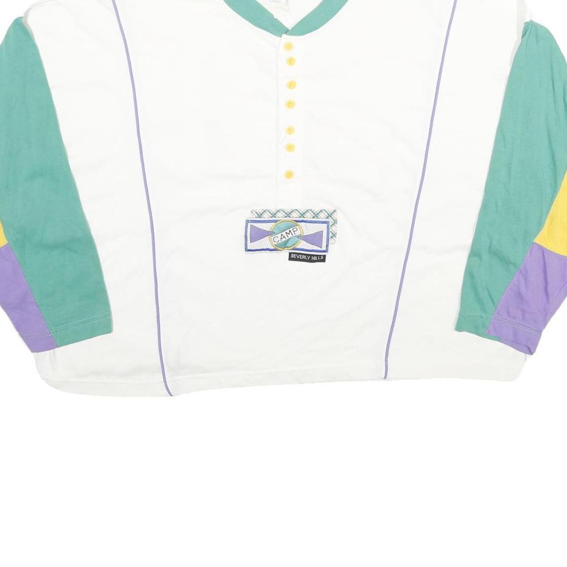 CAMP BEVERLY HILLS Womens White Green & Purple Sweatshirt L Button Neck Retro