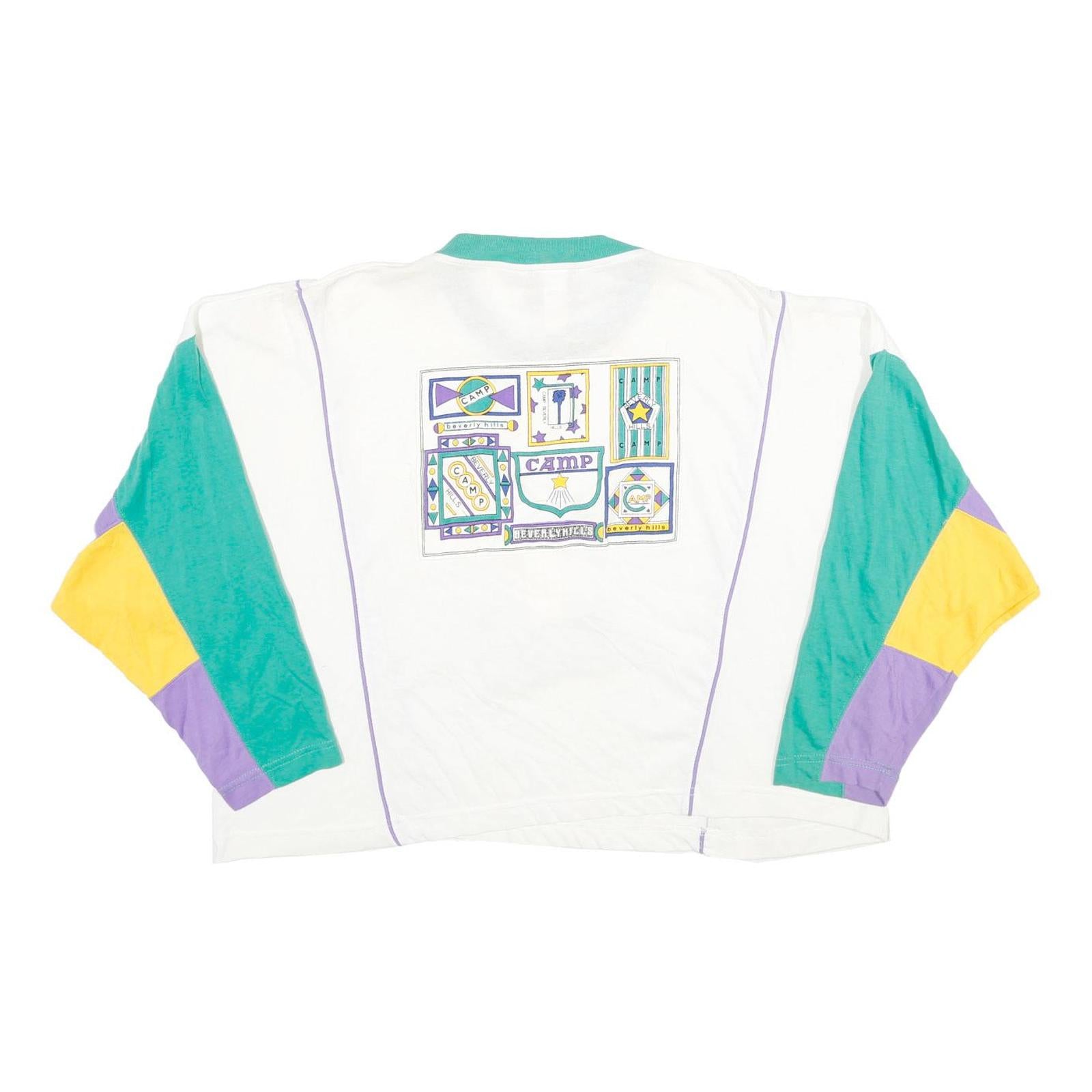 CAMP BEVERLY HILLS Womens White Green & Purple Sweatshirt L Button Neck Retro