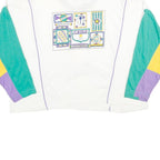 CAMP BEVERLY HILLS Womens White Green & Purple Sweatshirt L Button Neck Retro