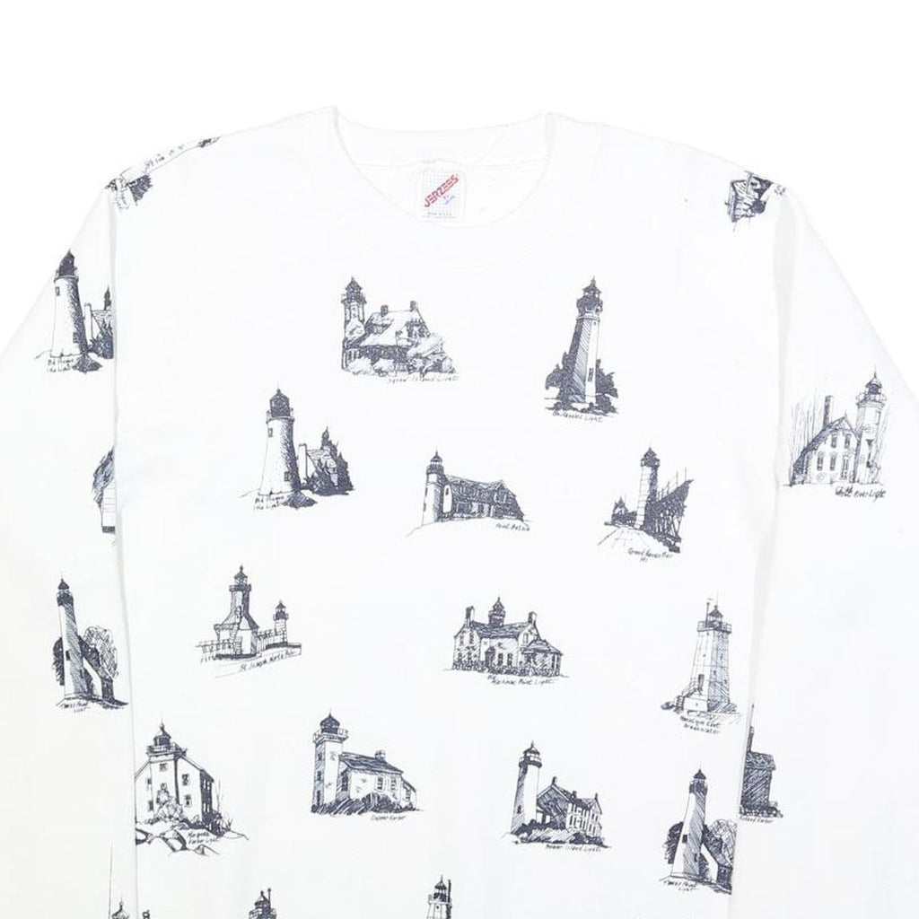 JERZEES Mens White Crew Neck XL Sweatshirt Cotton Blend Pullover Printed