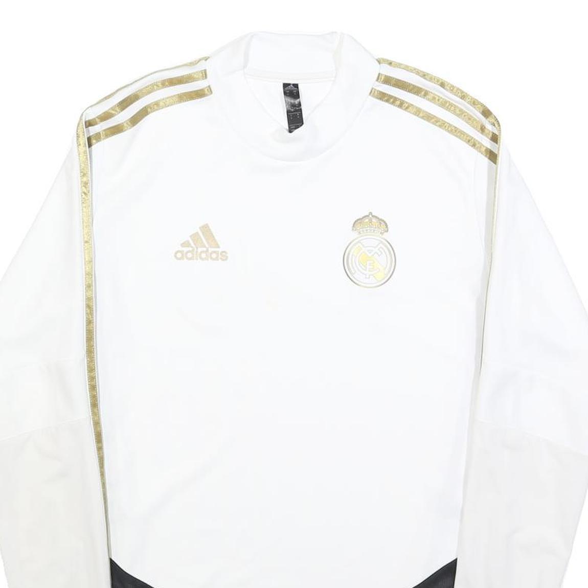 ADIDAS Mens White & Gold Football Shirt S Long Sleeve Crew Neck Real Madrid