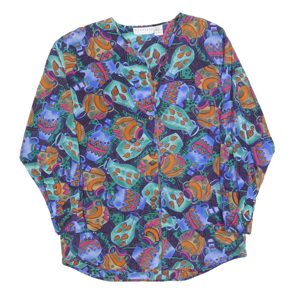 RESTLESS Womens Blue Green Printed Blouse Long Sleeve V-Neck S Artistic Silk Top