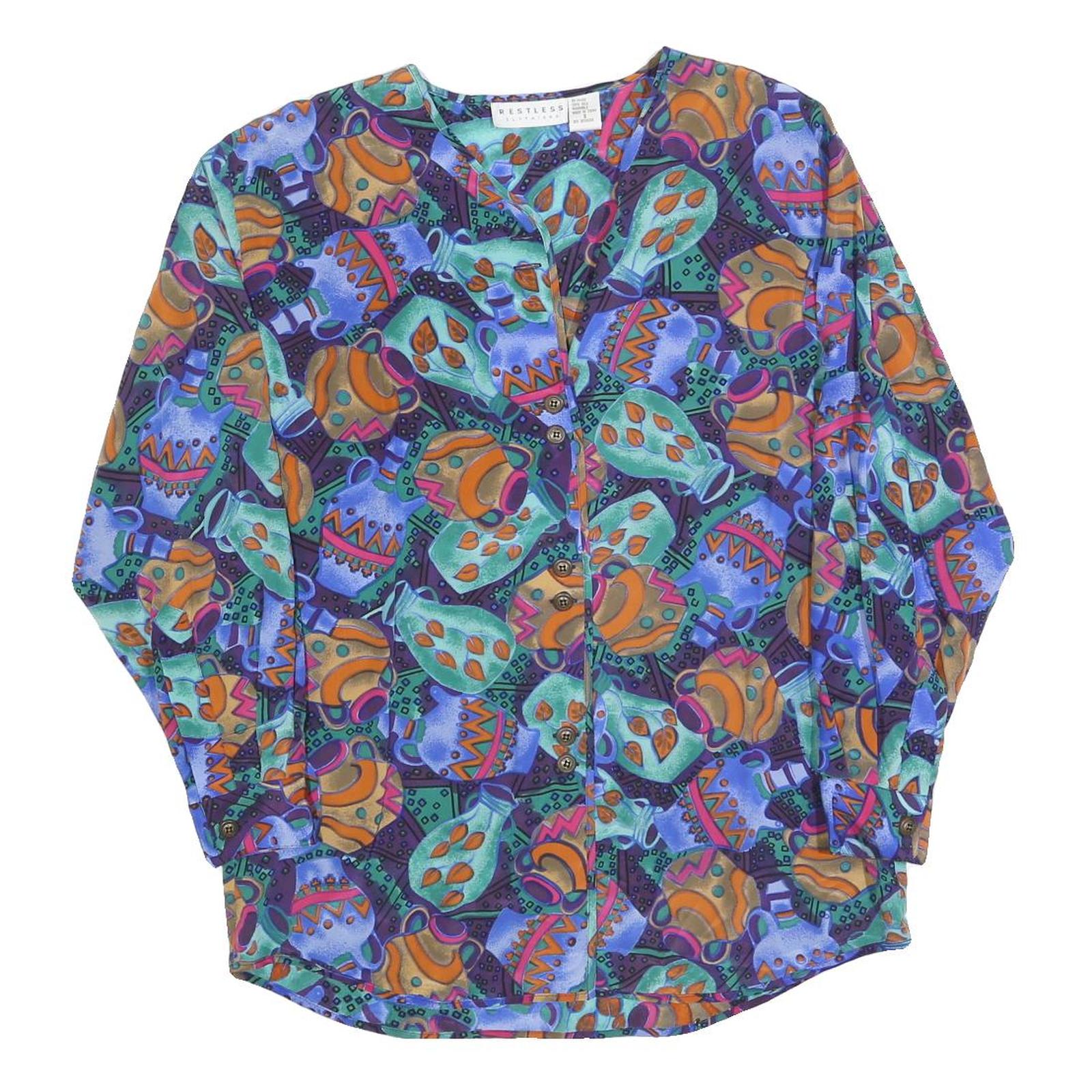 RESTLESS Womens Blue Green Printed Blouse Long Sleeve V-Neck S Artistic Silk Top