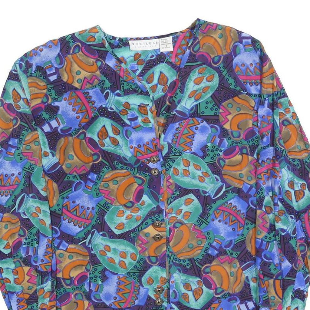 RESTLESS Womens Blue Green Printed Blouse Long Sleeve V-Neck S Artistic Silk Top