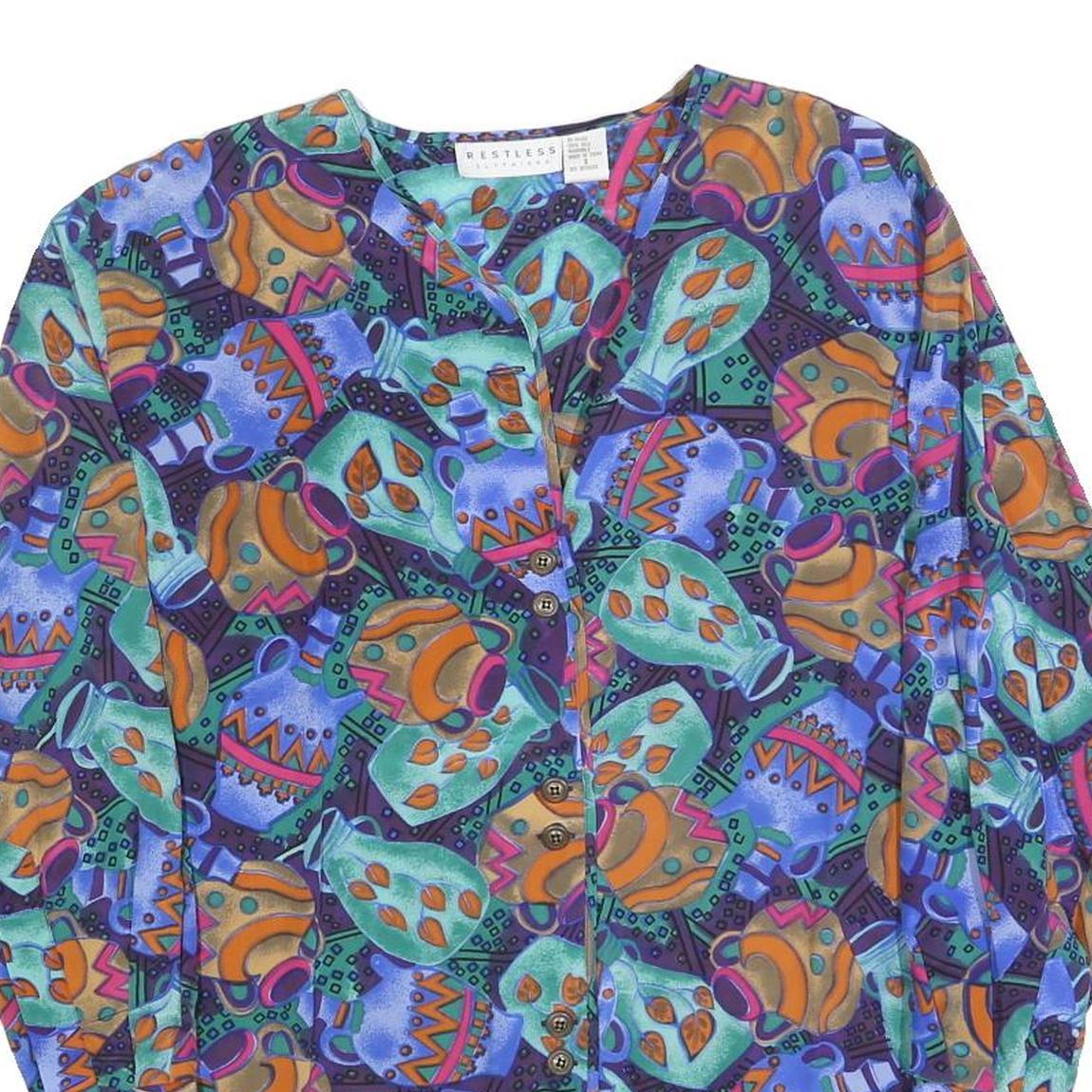 RESTLESS Womens Blue Green Printed Blouse Long Sleeve V-Neck S Artistic Silk Top