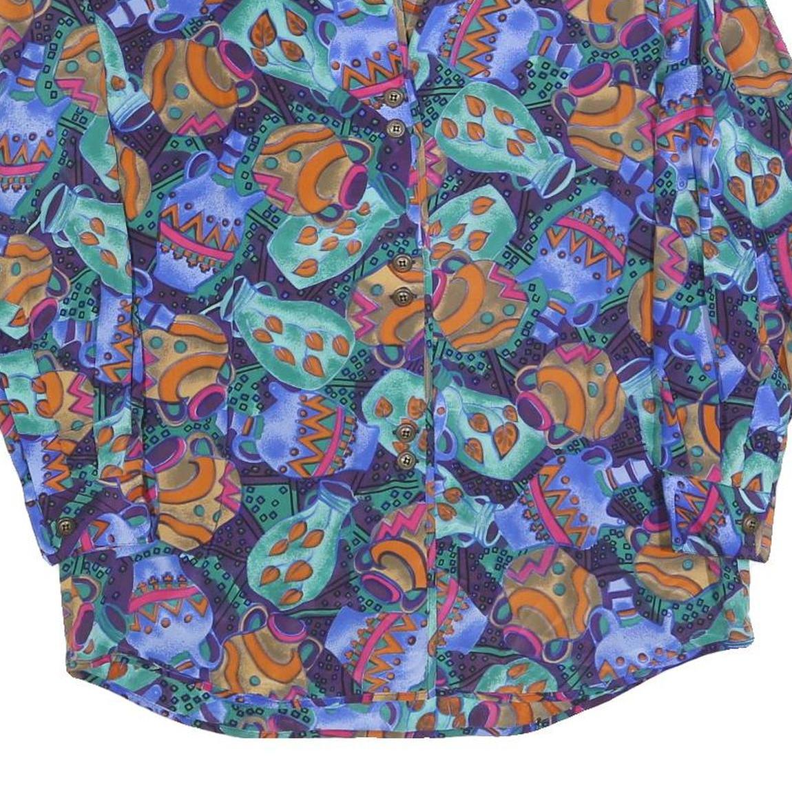 RESTLESS Womens Blue Green Printed Blouse Long Sleeve V-Neck S Artistic Silk Top