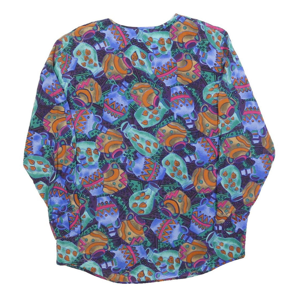 RESTLESS Womens Blue Green Printed Blouse Long Sleeve V-Neck S Artistic Silk Top