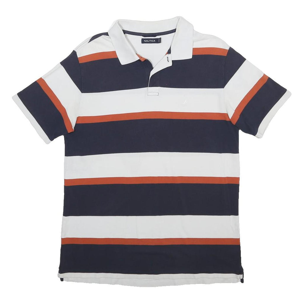 NAUTICA Mens Navy Blue & Orange Striped Short Sleeve Polo Shirt M Casual Cotton