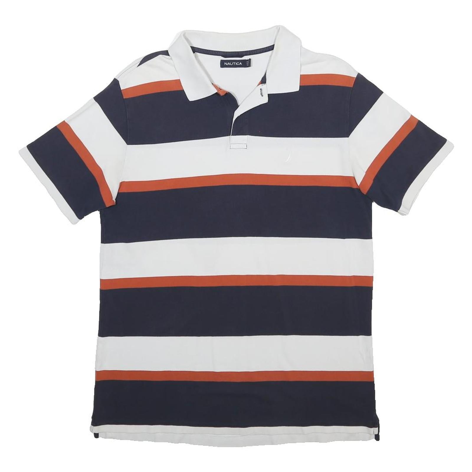 NAUTICA Mens Navy Blue & Orange Striped Short Sleeve Polo Shirt M Casual Cotton