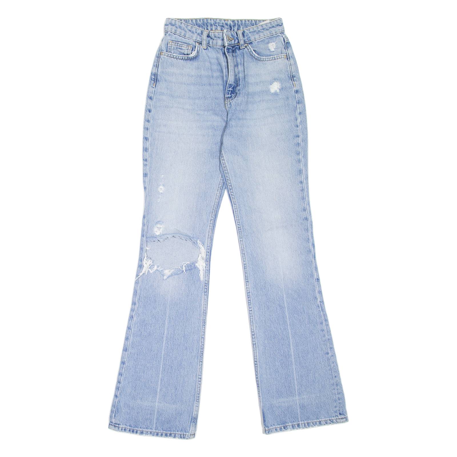 BERSHKA Distressed Womens Jeans Blue Regular Flared Stone Wash W24 L31