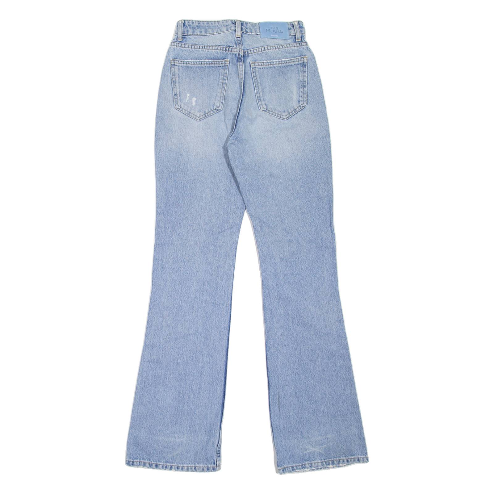 BERSHKA Distressed Womens Jeans Blue Regular Flared Stone Wash W24 L31