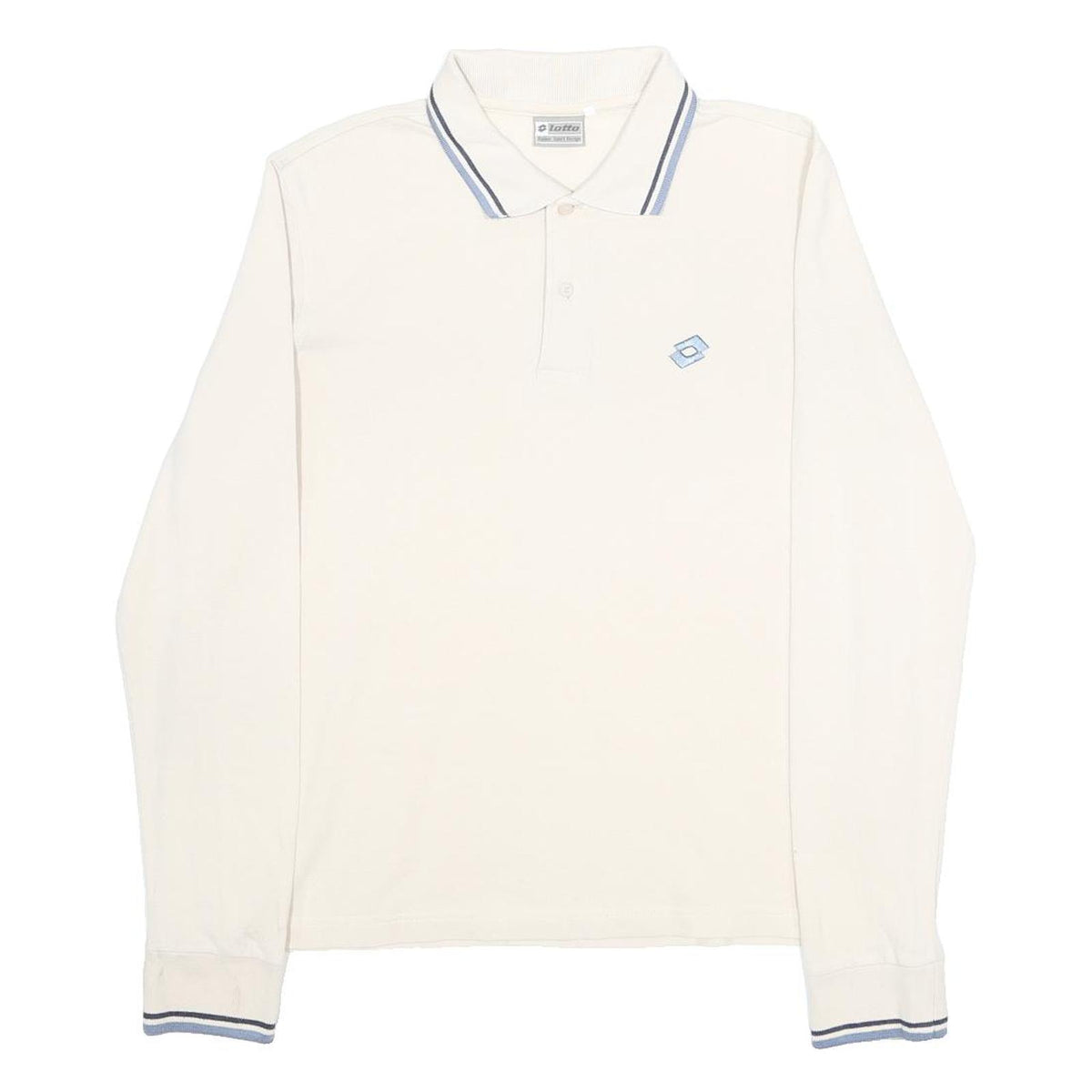 ASICS Mens Cream & Blue Long Sleeve Plain Polo Shirt L Cotton Casual Sportswear
