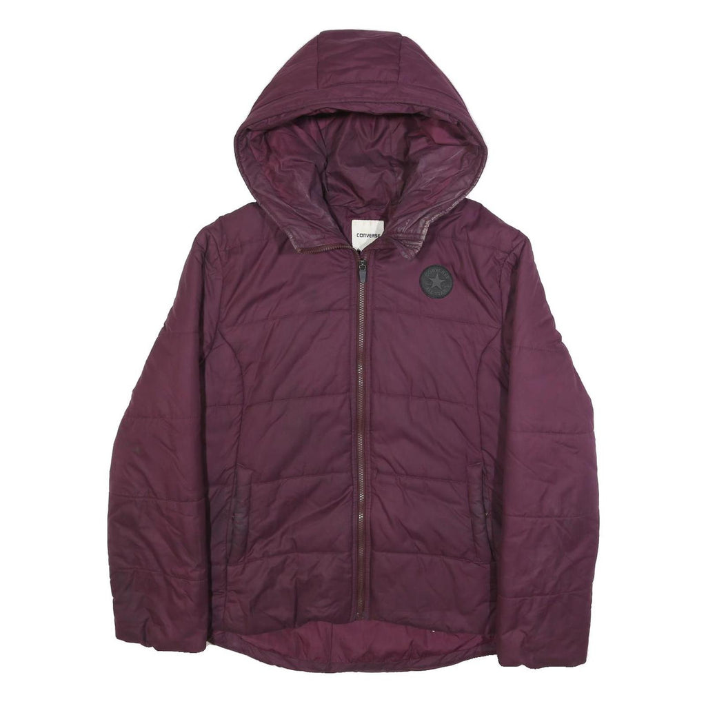 CONVERSE Womens Maroon Jacket L Polyester Quilted Hooded Zip Casual Outerwear