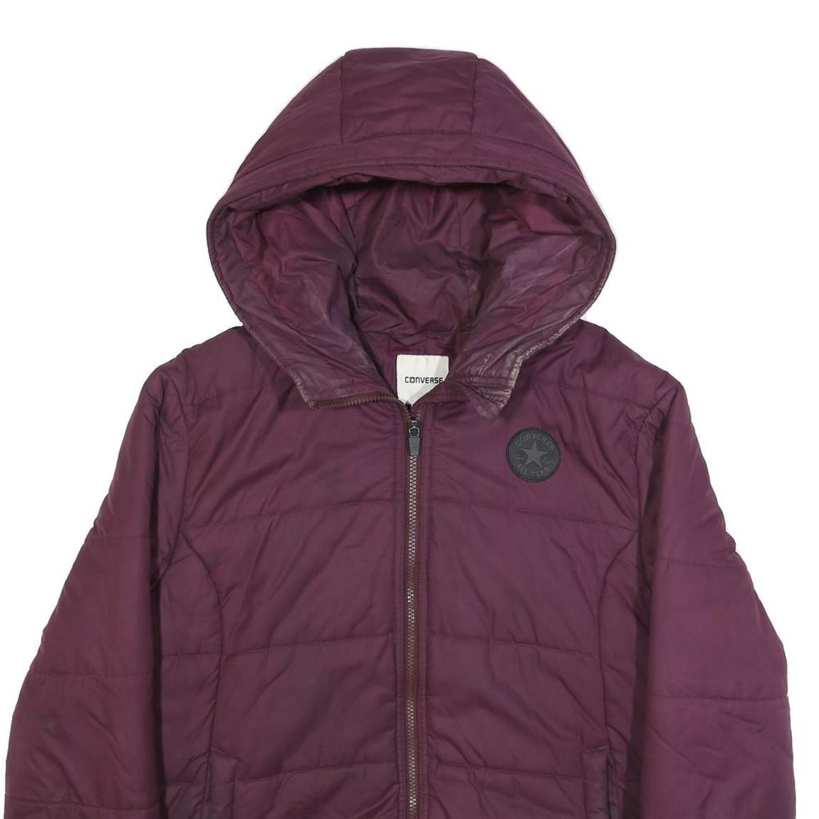 CONVERSE Womens Maroon Jacket L Polyester Quilted Hooded Zip Casual Outerwear
