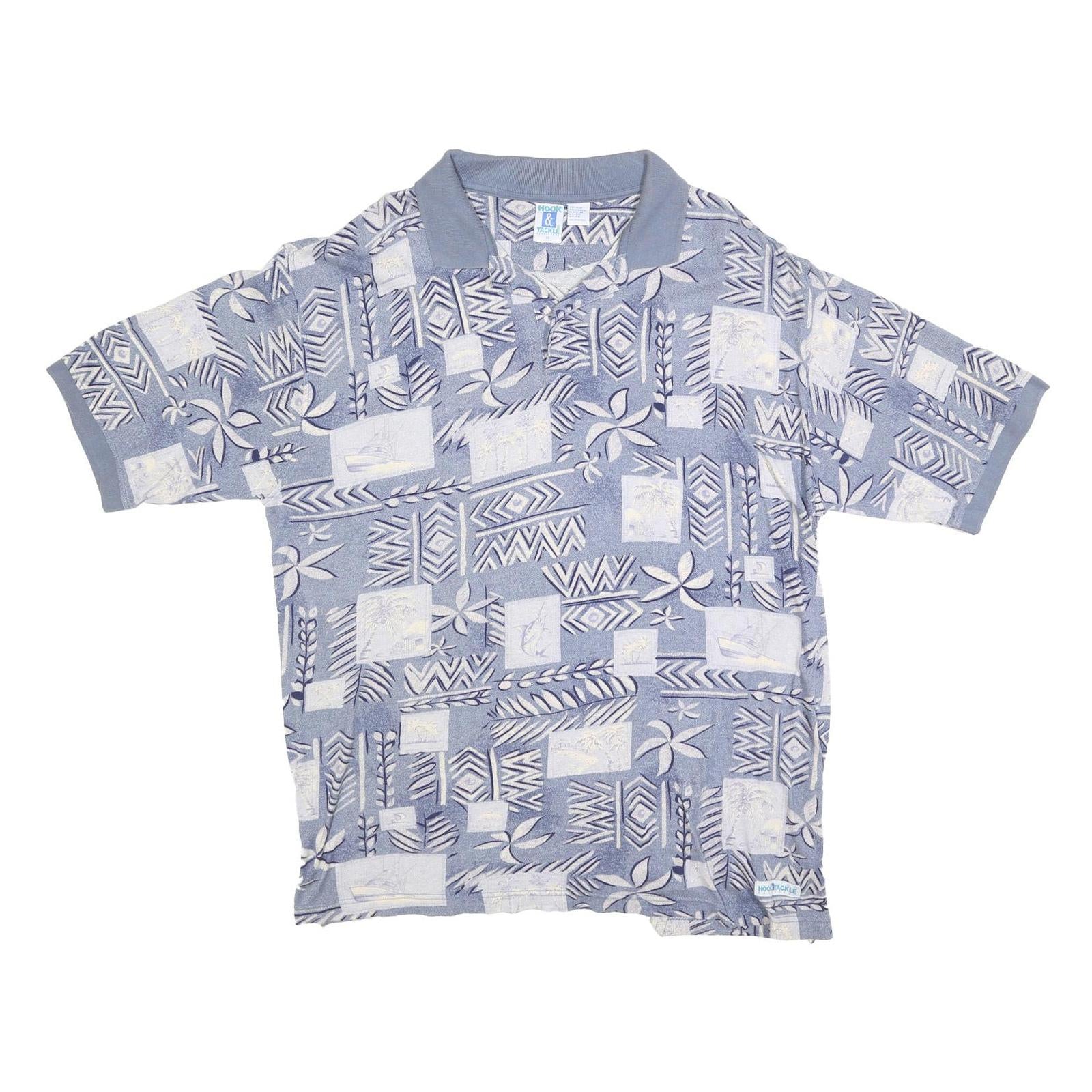 HOOK & TACKLE Mens Blue & Cream Abstract Print Short Sleeve Polo Shirt 2XL