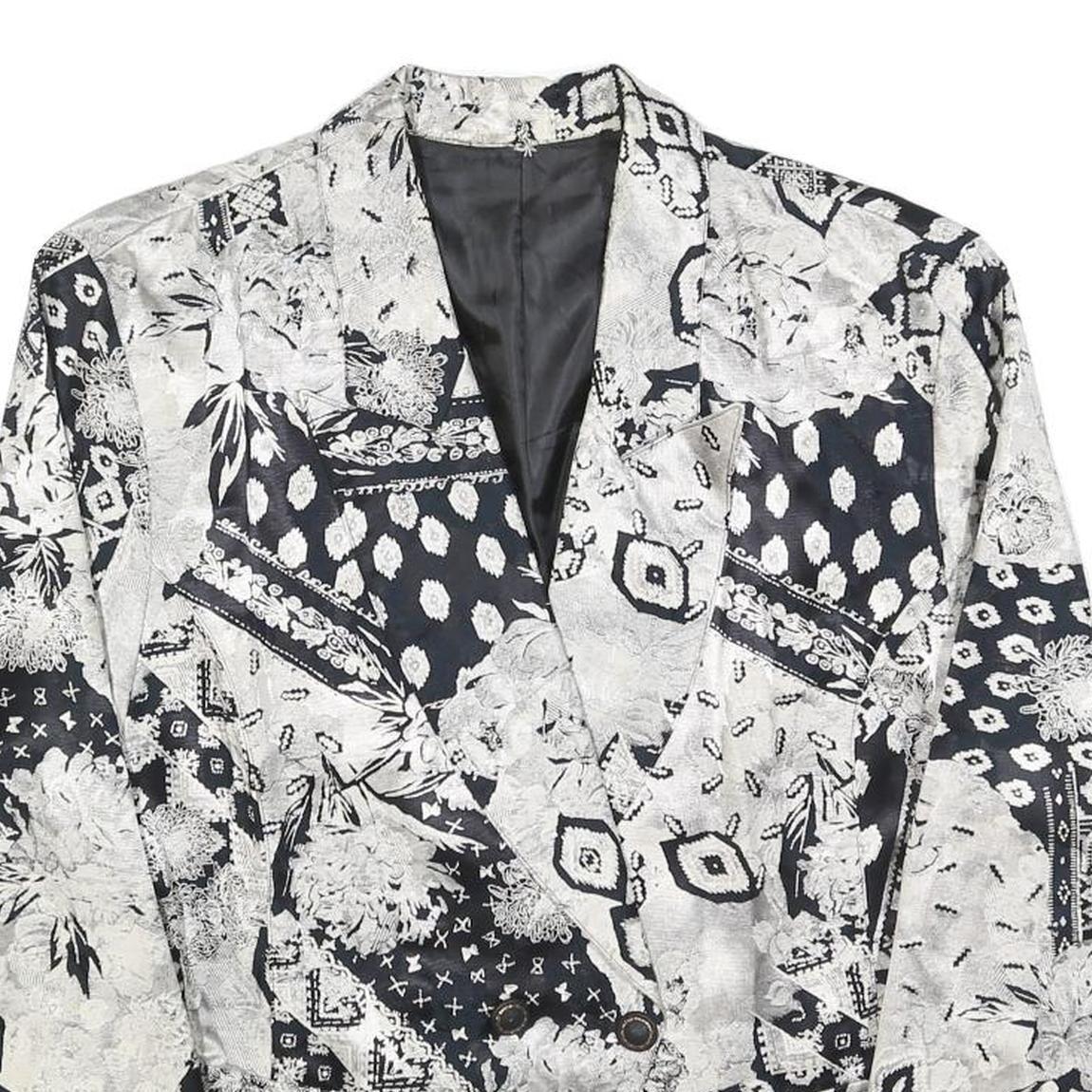 Womens Black & White Patchwork Floral Button Jacket M Polyester Blend Patterned