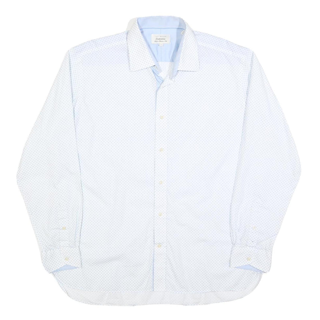 TED BAKER Mens White & Blue Patterned Shirt L Cotton Blend Long Sleeve Smart