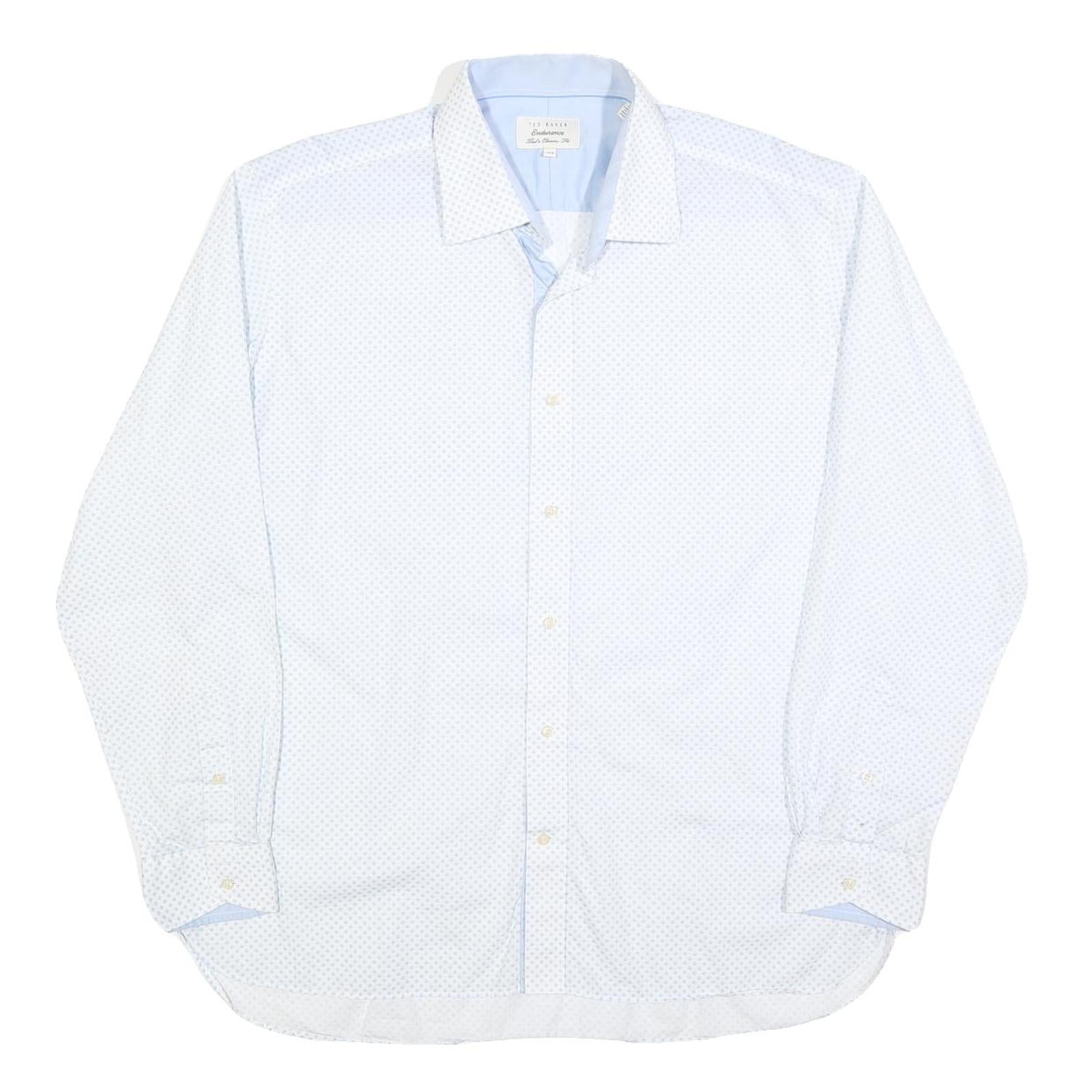 TED BAKER Mens White & Blue Patterned Shirt L Cotton Blend Long Sleeve Smart