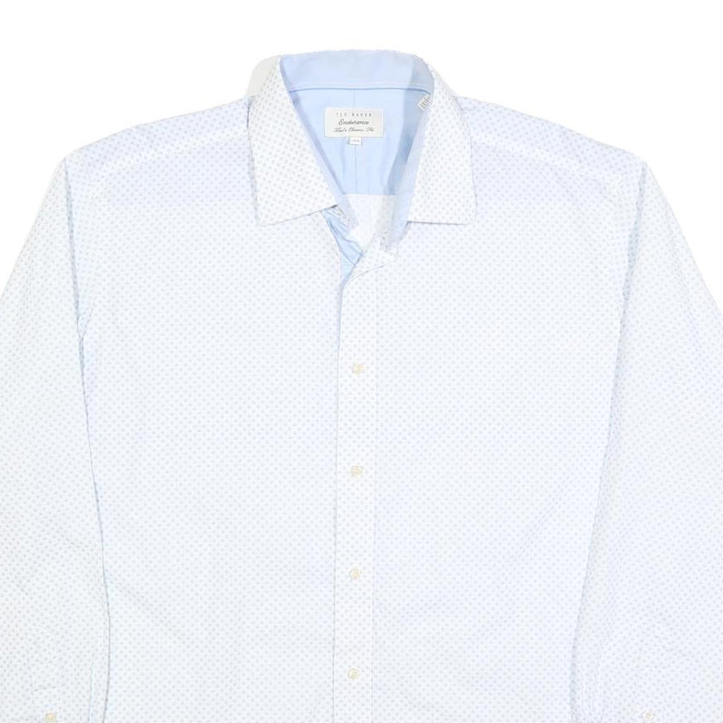 TED BAKER Mens White & Blue Patterned Shirt L Cotton Blend Long Sleeve Smart