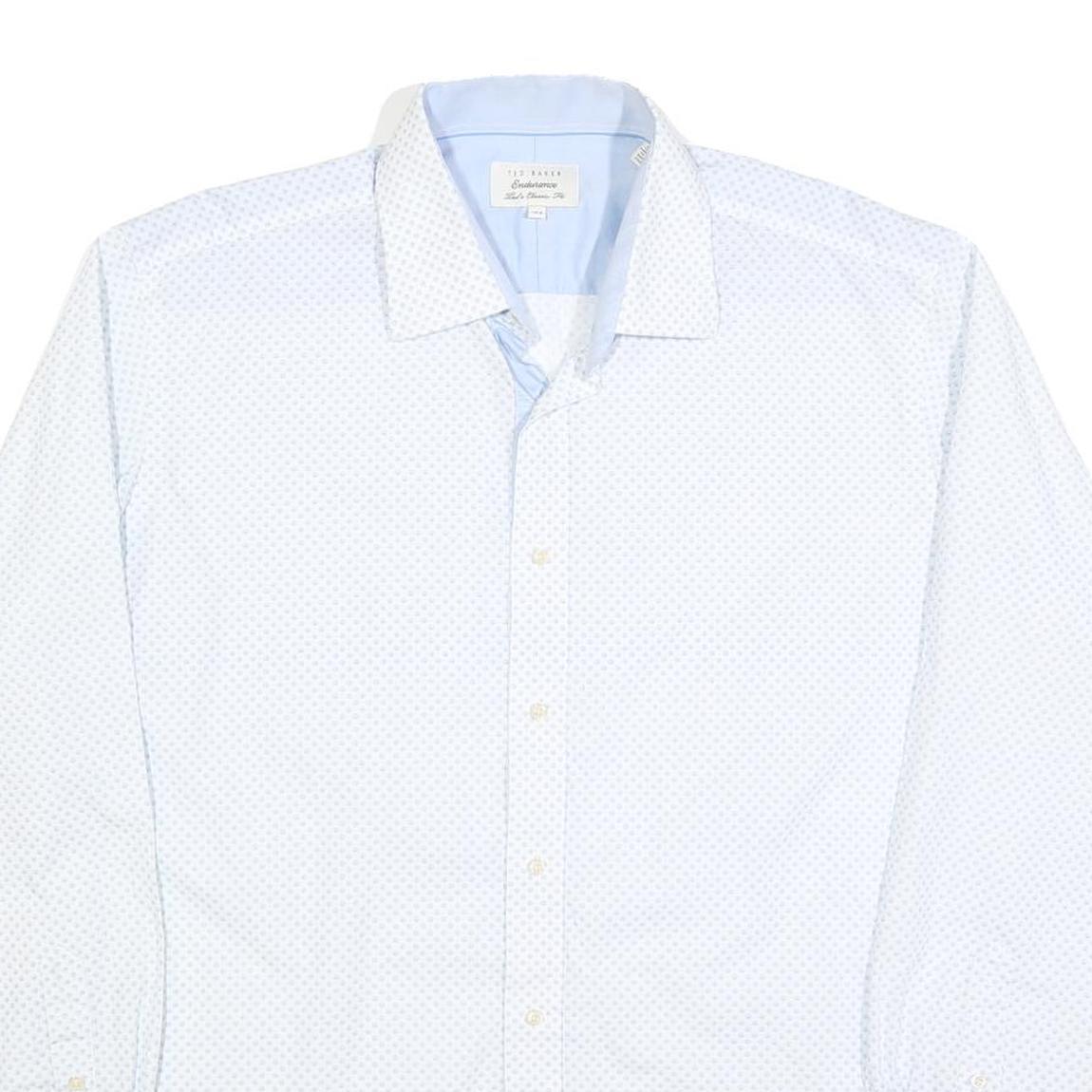 TED BAKER Mens White & Blue Patterned Shirt L Cotton Blend Long Sleeve Smart