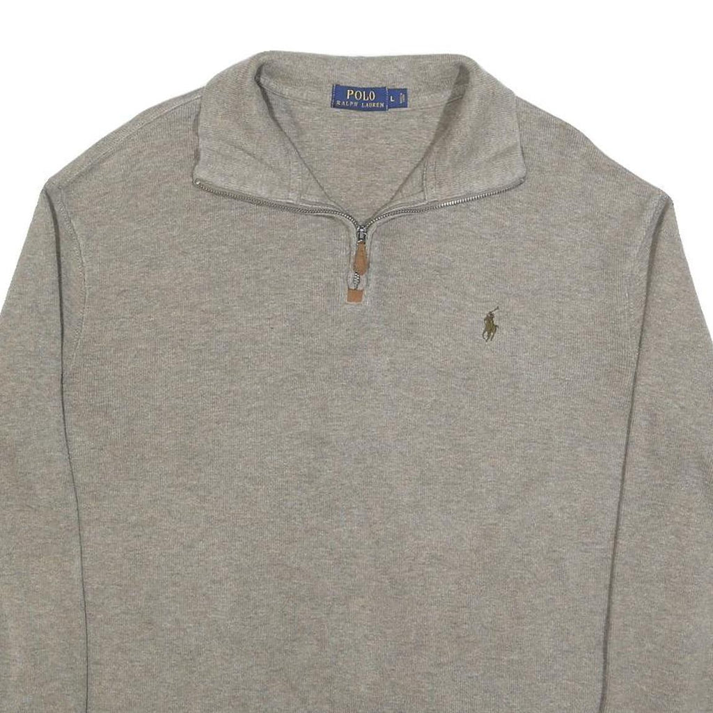 POLO RALPH LAUREN Mens Grey Cotton Pullover Plain 1/4 Zip Jumper L Classic Fit