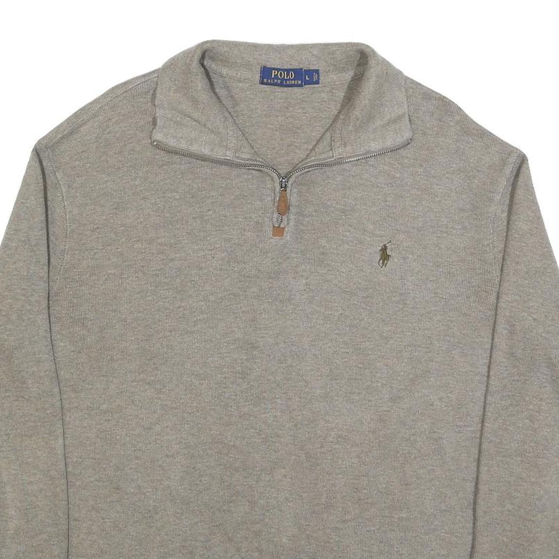 POLO RALPH LAUREN Mens Grey Cotton Pullover Plain 1/4 Zip Jumper L Classic Fit