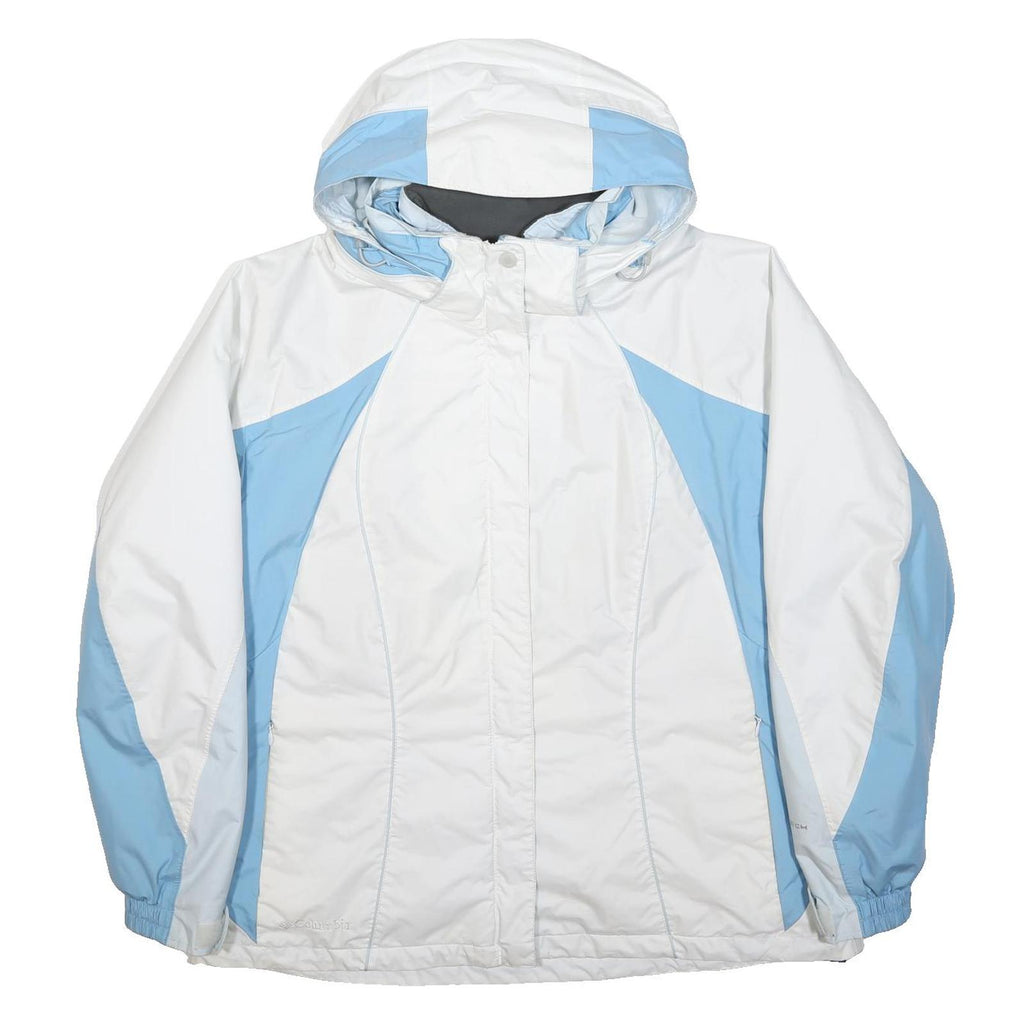 COLUMBIA Womens White & Light Blue Outdoor Jacket XL Polyester Zip Hooded Plain