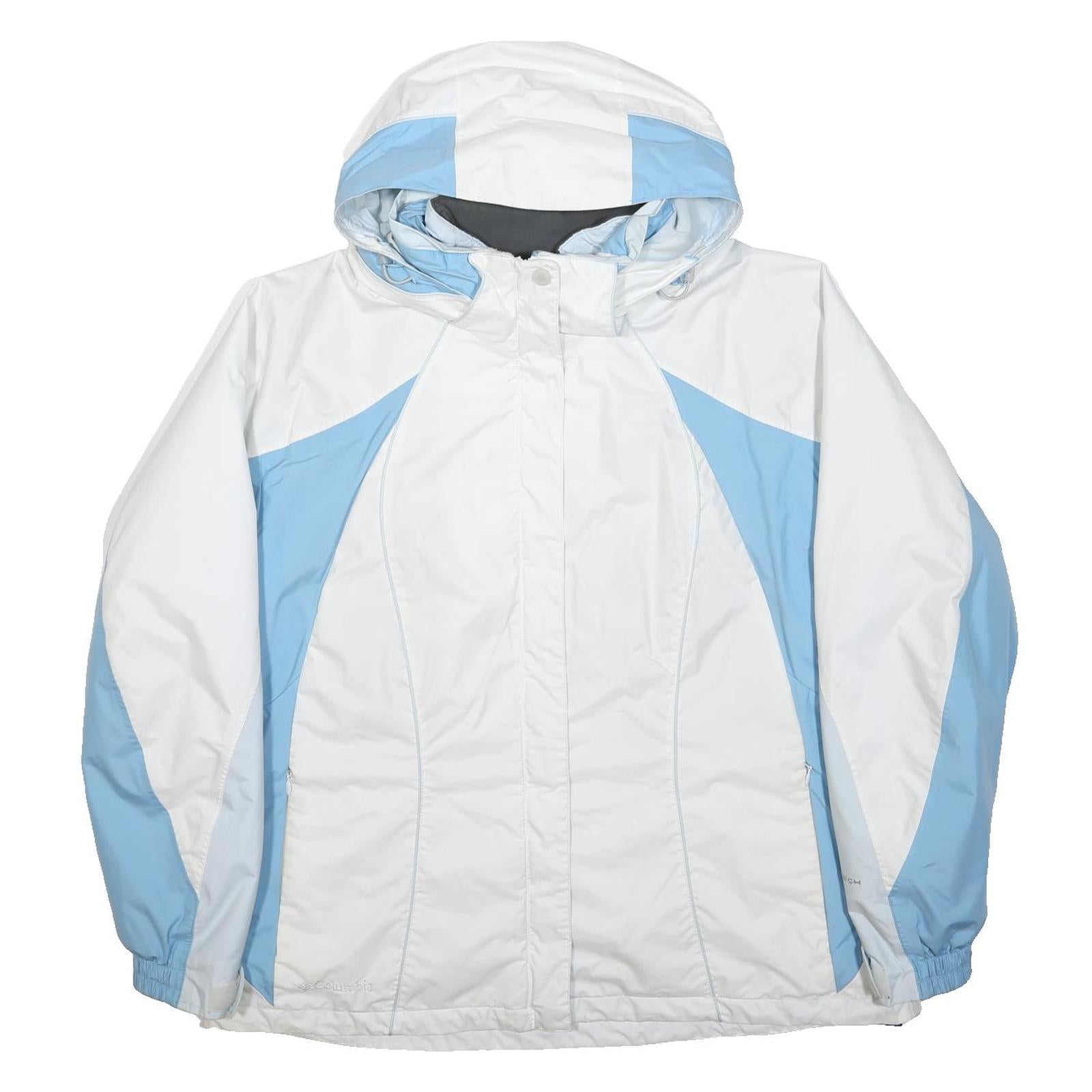 COLUMBIA Womens White & Light Blue Outdoor Jacket XL Polyester Zip Hooded Plain