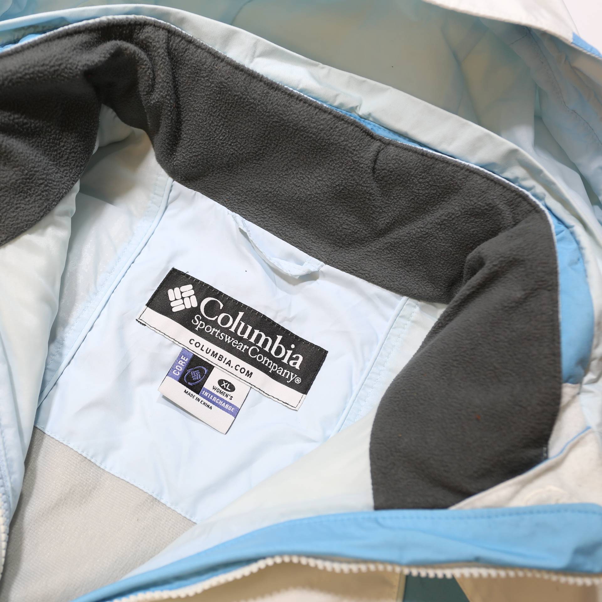 COLUMBIA Womens White & Light Blue Outdoor Jacket XL Polyester Zip Hooded Plain