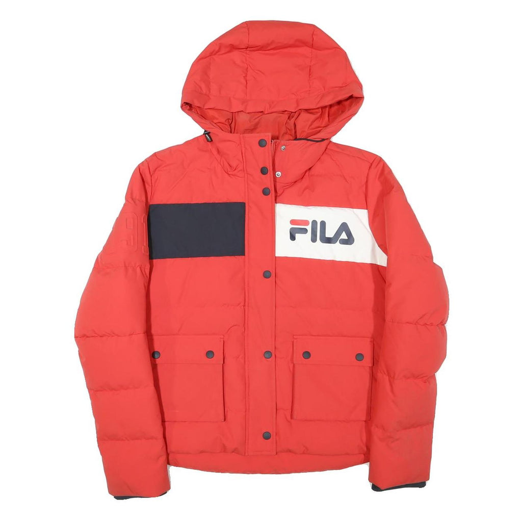 FILA Womens Red & White Puffer Jacket 2XL Polyester Blend Zip Hooded Plain