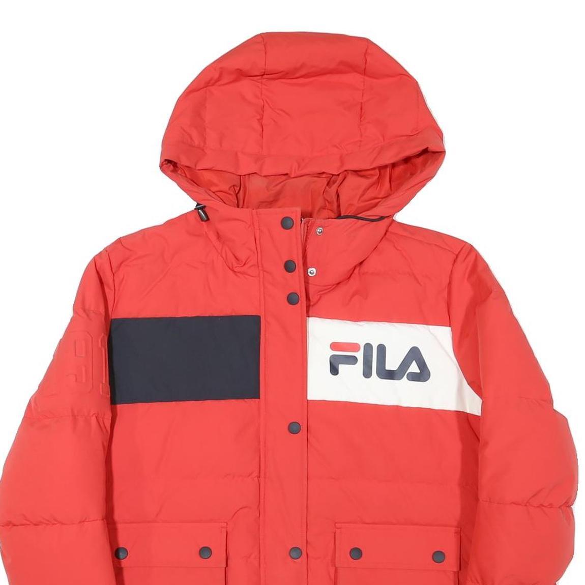 FILA Womens Red & White Puffer Jacket 2XL Polyester Blend Zip Hooded Plain