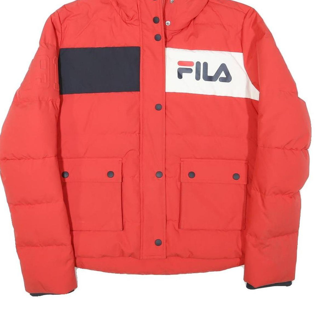 FILA Womens Red & White Puffer Jacket 2XL Polyester Blend Zip Hooded Plain
