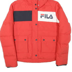 FILA Womens Red & White Puffer Jacket 2XL Polyester Blend Zip Hooded Plain